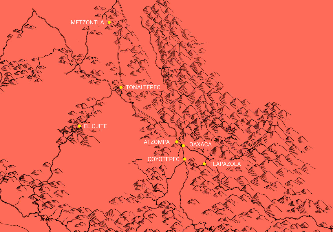 Mapa de distribución de los pueblos alfareros de Oaxaca